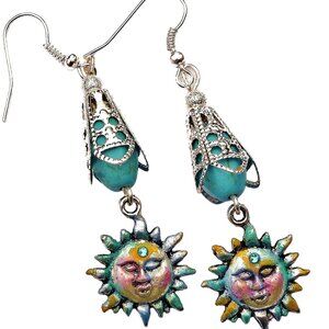 NEW Silver Colorful Boho Sun Charm Earrings Hand Painted Celestial Jewelry